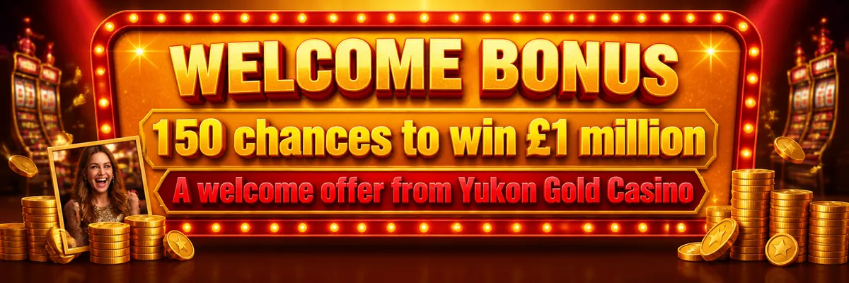 Glowing bulb-edged casino marquee with stacked coins and a spotlight, promoting the welcome offer.