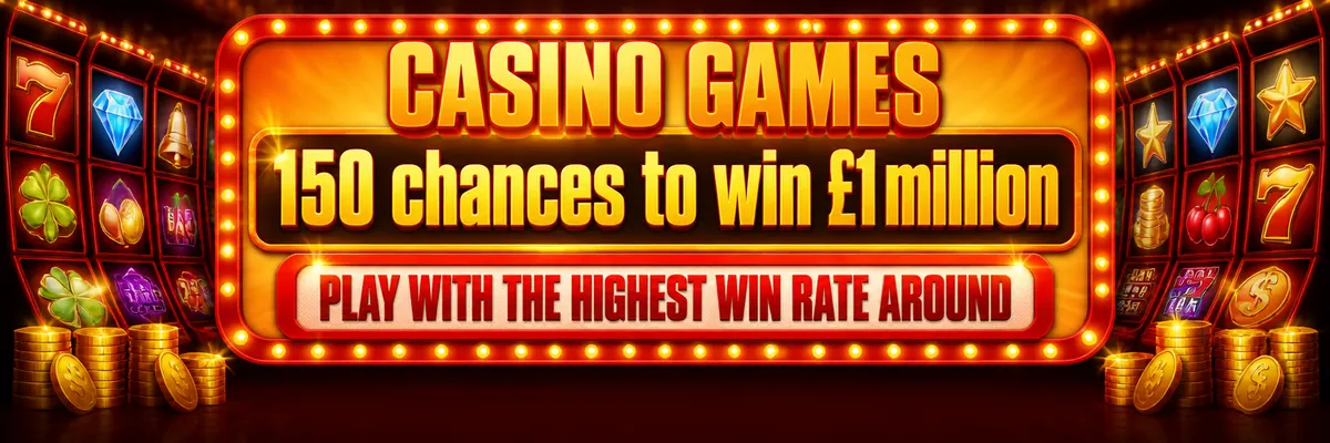 Bright casino signboard against a busy slot-screen backdrop, with glossy buttons and coins.